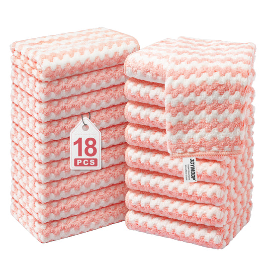 JOYMOOP Microfiber Cleaning Cloth, Pure Pink Towels with Edging, Small Size 18 Pack (10" x 10"), Absorbent Streak Free Lint Free Rags for Cleaning, Reusable and Washable Towels