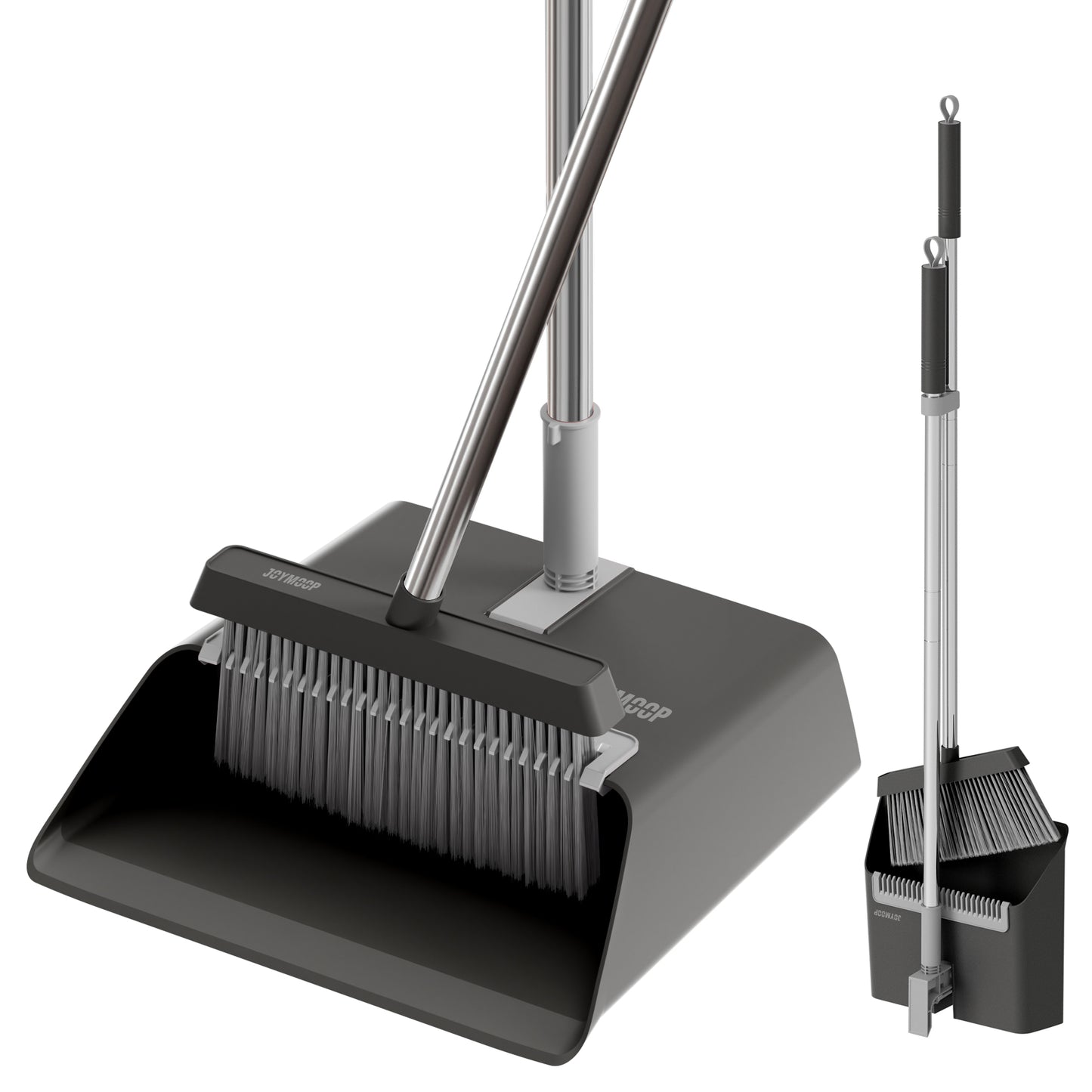 JOYMOOP Black Broom with Dustpan Combo Set, Upright Stand Up Broom with Built-in Comb Teeth, Angle Broom for Home Kitchen Office Lobby, Pet Hair and Hardwood Floor Sweeping