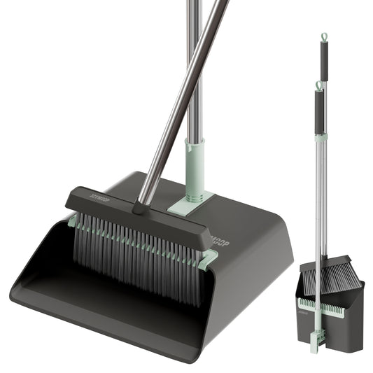 JOYMOOP Black Broom and Dustpan Set with 56" Long Handle, Upright Stand Up Broom with Built-in Comb Teeth, Angle Broom for Home Kitchen Office Lobby, Pet Hair and Hardwood Floor Sweeping