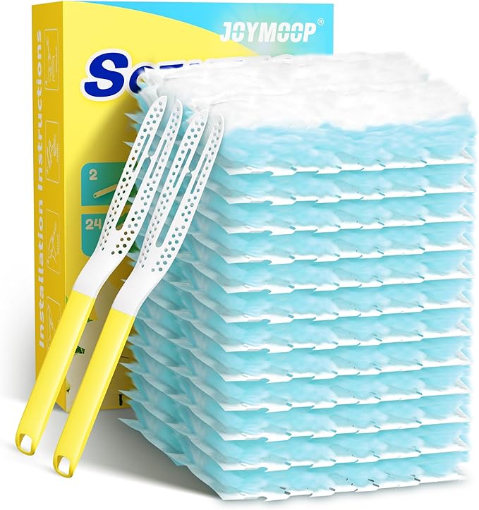 JOYMOOP Disposable Electrostatic Duster for Cleaning,With 2 Handles & 24 Ct Blue Heavy Duty Refills for Swiffer Feather Duster,Household Cleaning Tool for Electronics,Dusting Furniture,Blinds,Pet Hair
