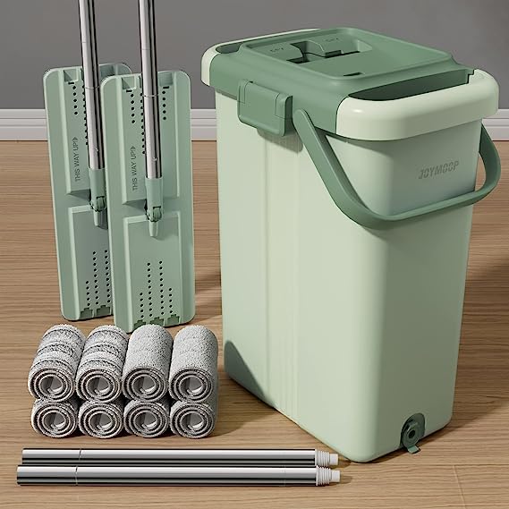 JOYMOOP Flat Mop System, Microfiber Mop and Bucket Set, Green, Household & Commercial Floor Cleaning Mop, Includes 2 Mops and 8 Large Microfiber Pads