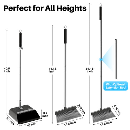 JOYMOOP Black Broom with Dustpan Combo Set, Upright Stand Up Broom with Built-in Comb Teeth, Angle Broom for Home Kitchen Office Lobby, Pet Hair and Hardwood Floor Sweeping