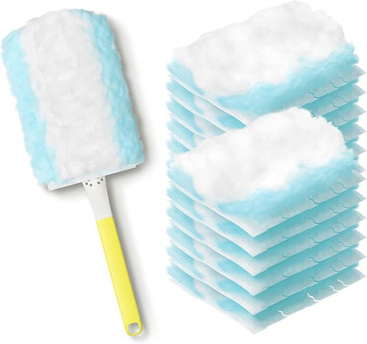 JOYMOOP Disposable Dusters for Cleaning, 1 Yellow White Handle with 12 Ct Blue Heavy Duty Refills, Static Dusting Brush for Home, Office and Furniture