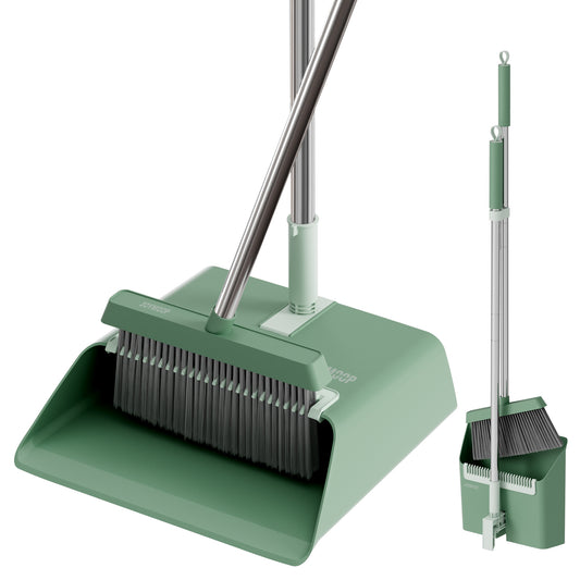 JOYMOOP Dark Teal Green Broom with Dustpan Combo Set, Upright Stand Up Broom with Built-in Comb Teeth, Angle Broom for Home Kitchen Office Lobby, Pet Hair and Hardwood Floor Sweeping