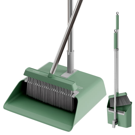 JOYMOOP Dark Teal Green Broom and Dustpan Set, Upright Stand Up Broom with Built-in Comb Teeth, Angle Broom for Home Kitchen Office Lobby, Pet Hair and Hardwood Floor Sweeping
