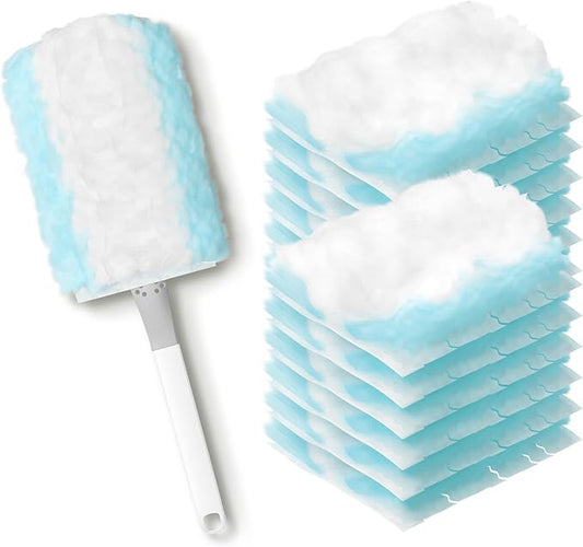 JOYMOOP Static Dusters for Cleaning, 1 Gray White Handle with 12 Ct Blue Disposable Refills, Heavy Duty Dusting Brush for Electronics, Furniture and Blinds