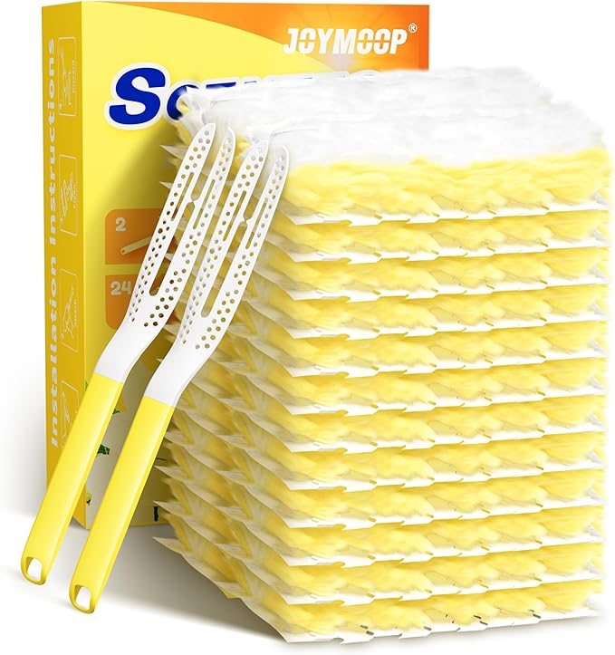 JOYMOOP Heavy Duty Dusters for Cleaning, 2 Yellow White Handles with 24 Ct Yellow Disposable Refills, Static Dusting Tool for Home, Office and Car Interior