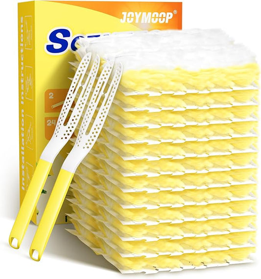 JOYMOOP Heavy Duty Dusters for Cleaning, 2 Yellow White Handles with 24 Ct Yellow Disposable Refills, Static Dusting Tool for Home, Office and Car Interior