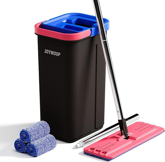 JOYMOOP Mop and Bucket Set for Home, Hands-Free Self-Cleaning System, with 3 Reusable Microfiber Mop Pads, Suitable for Floor Cleaning and Wall Cleaner - Black+Red+Slate Blue