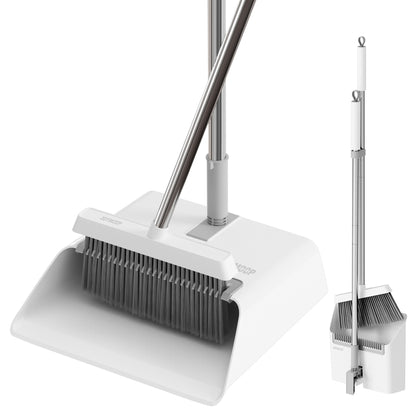 Roll over image to zoom in       3+ JOYMOOP White Broom with Dustpan Combo Set, Upright Stand Up Broom with Built-in Comb Teeth, Angle Broom for Home Kitchen Office Lobby, Pet Hair and Hardwood Floor Sweeping