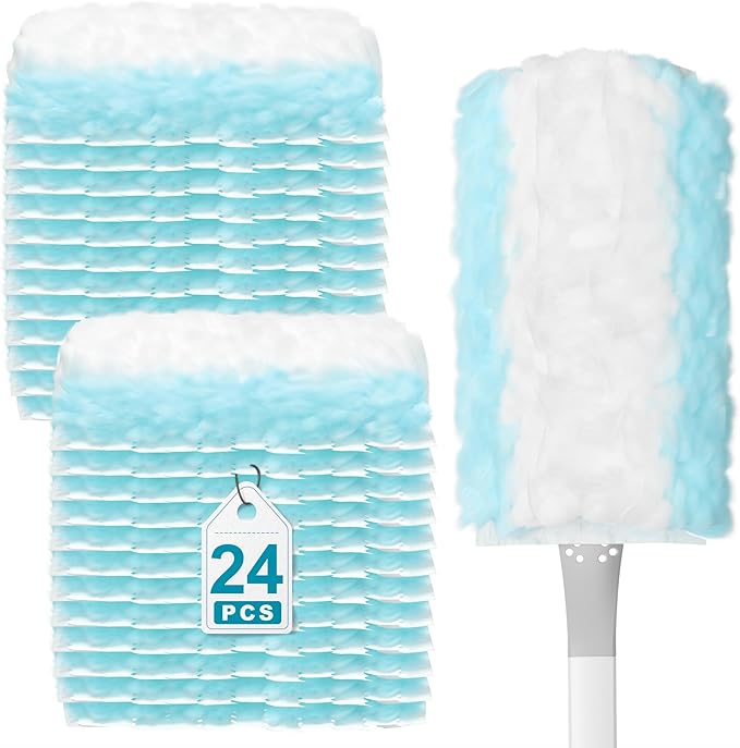 JOYMOOP Heavy Duty Dusters for Cleaning, 1 Gray White Handle with 24 Ct Blue Disposable Refills, Multi-Surface Dusting Brush for Furniture, Electronics and More