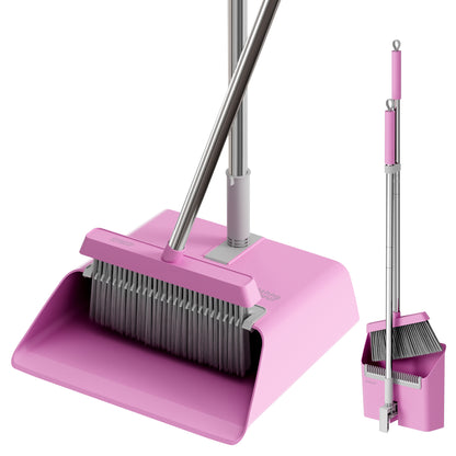 JOYMOOP Pink Broom and Dustpan Set with 56" Long Handle, Upright Stand Up Broom with Built-in Comb Teeth, Angle Broom for Home Kitchen Office Lobby, Pet Hair and Hardwood Floor Sweeping