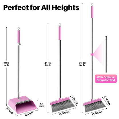 JOYMOOP Pink Broom and Dustpan Set with 56" Long Handle, Upright Stand Up Broom with Built-in Comb Teeth, Angle Broom for Home Kitchen Office Lobby, Pet Hair and Hardwood Floor Sweeping