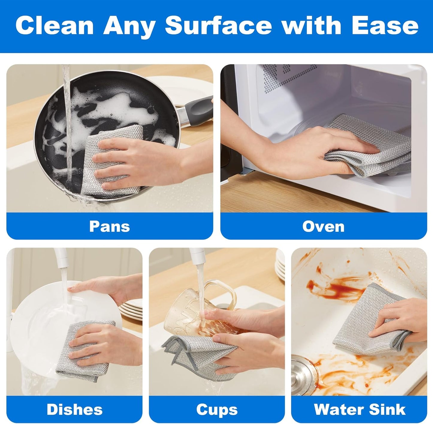 JOYMOOP Multipurpose Non-Scratch Wire Dishwashing Rag for Wet and Dry, Reusable Cleaning Cloths, Scrubbing Pads for Dishes, Glass, Stainless Steel - 5 Pack