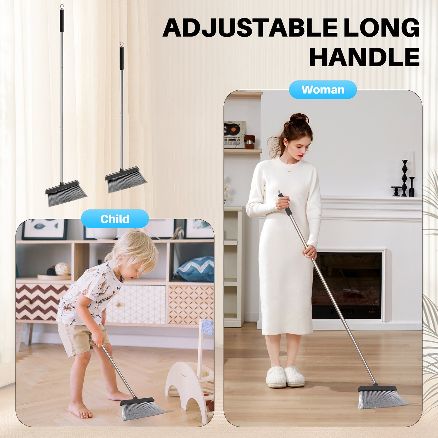 JOYMOOP Black Broom with Dustpan Combo Set, Upright Stand Up Broom with Built-in Comb Teeth, Angle Broom for Home Kitchen Office Lobby, Pet Hair and Hardwood Floor Sweeping