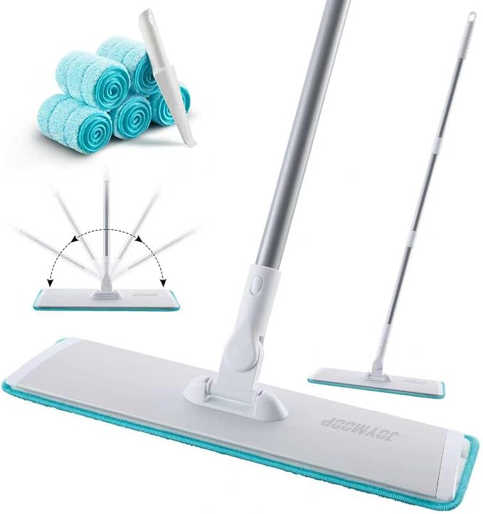 JOYMOOP 18 Inch Dust Mop for Hardwood Floors, Grey-White Heavy Duty Industrial Wet Dry Mop with Telescopic Handle and Microfiber Mop Head, Includes 5 Microfiber Pads