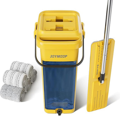 JOYMOOP Heavy Duty Commercial Mops for Floor Cleaning, Wet Dry Mop and Bucket Set with Large Capacity Yellow Bucket, Includes 5 Reusable 17-Inch Microfiber Pads