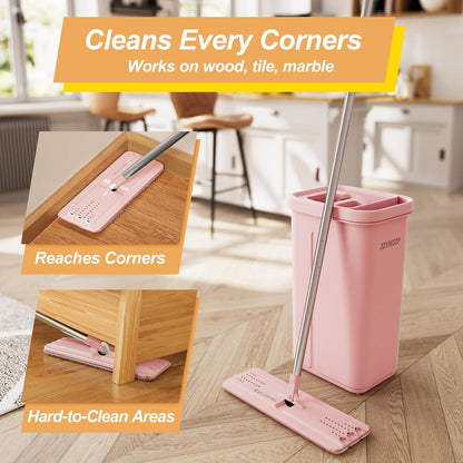 JOYMOOP Flat Mop, Microfiber Mops for Floor Cleaning and Wall Cleaner, 60" Long Handle with Flexible 13" Flat Head with a Microfiber Mop Pad - Pink