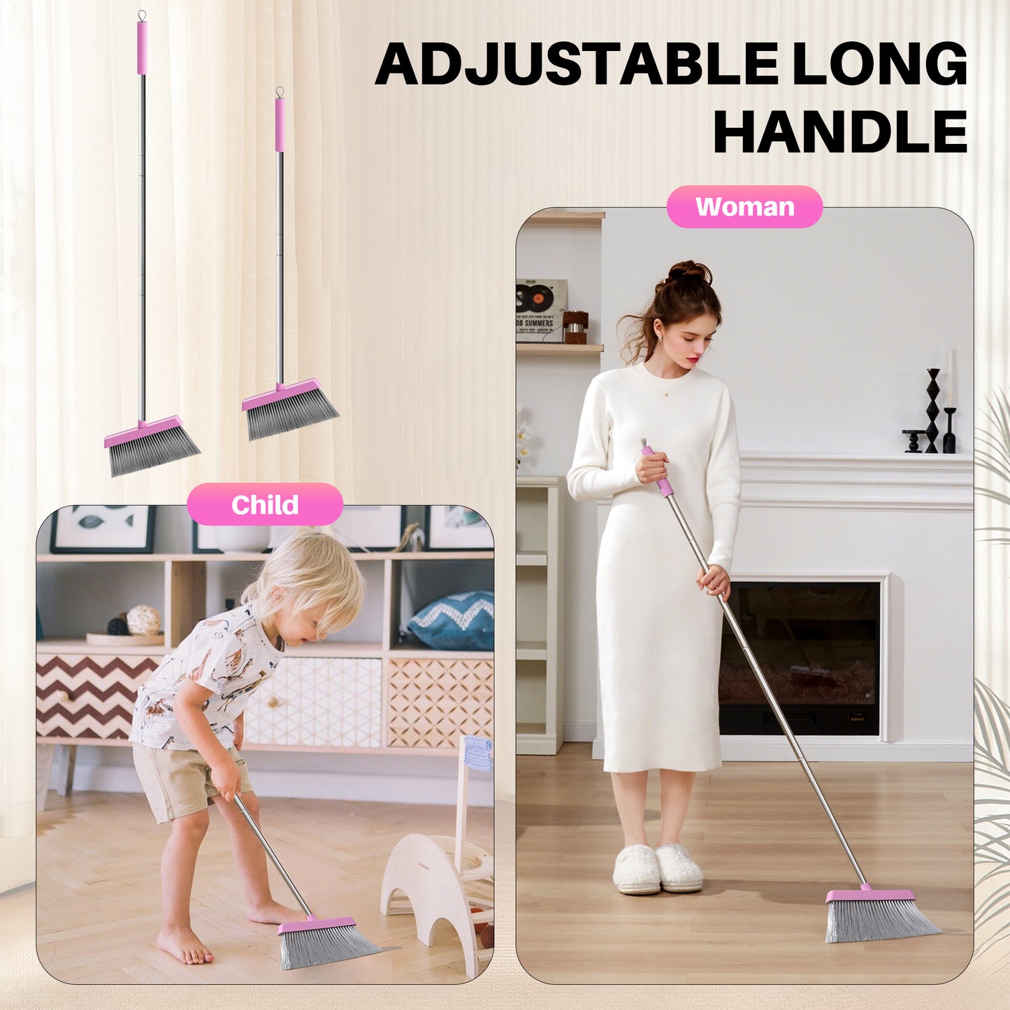 JOYMOOP Pink Broom and Dustpan Set with 56" Long Handle, Upright Stand Up Broom with Built-in Comb Teeth, Angle Broom for Home Kitchen Office Lobby, Pet Hair and Hardwood Floor Sweeping