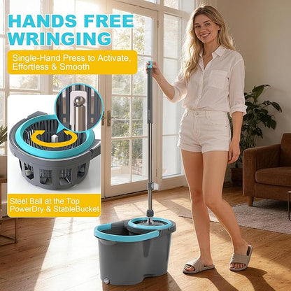 JOYMOOP Spin Mop and Bucket, 360° Mop Head & Telescopic Handle, Wet and Dry Use, 6 Reusable Microfiber Refills, Hands-Free Cleaning for Hardwood, Tile, Laminate Floors & Walls（副本）