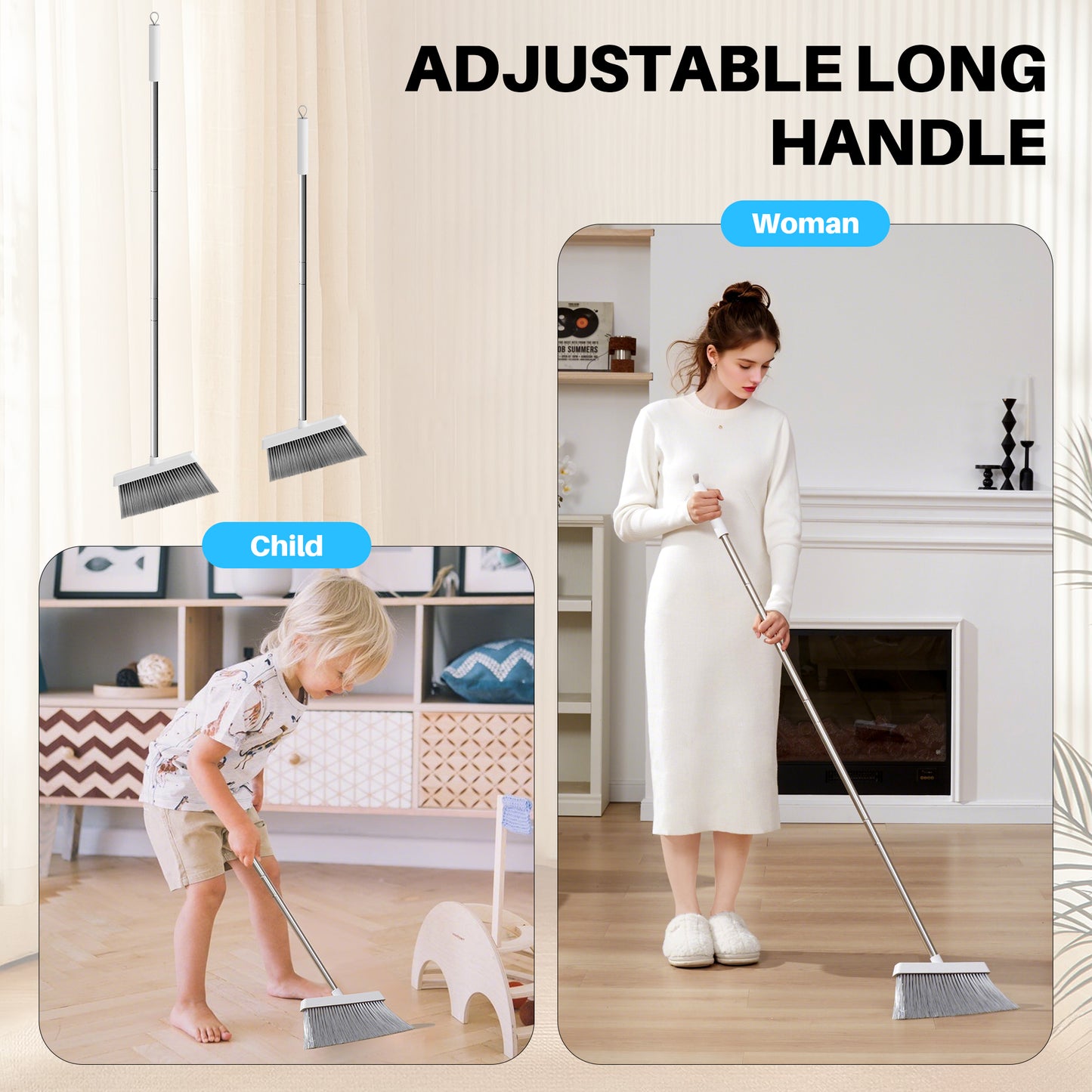Roll over image to zoom in       3+ JOYMOOP White Broom with Dustpan Combo Set, Upright Stand Up Broom with Built-in Comb Teeth, Angle Broom for Home Kitchen Office Lobby, Pet Hair and Hardwood Floor Sweeping