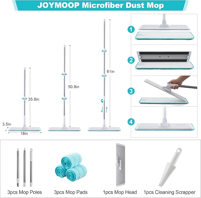 JOYMOOP 36 Inch Commercial Microfiber Dust Mop, Grey-White Heavy Duty Industrial Wet Dry Floor Mop for Hardwood Floors with Telescopic Handle, Includes 3 Mop Pads