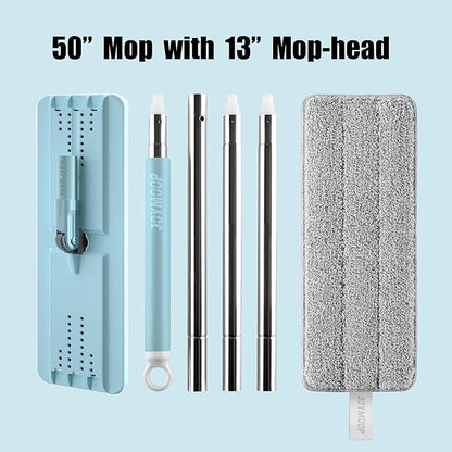 JOYMOOP Flat Mop, Microfiber Mops for Floor Cleaning and Wall Cleaner, 50" Mop with 13" Flat Head with a Microfiber Mop Pad - Pale Aqua