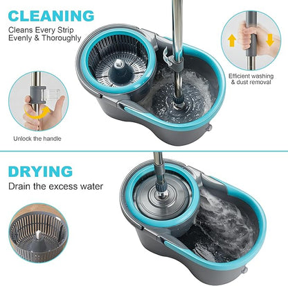 JOYMOOP Spin Mop and Bucket, 360° Mop Head & Telescopic Handle, Wet and Dry Use, 6 Reusable Microfiber Refills, Hands-Free Cleaning for Hardwood, Tile, Laminate Floors & Walls（副本）