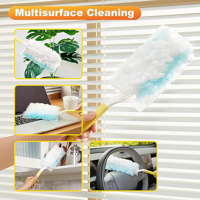 JOYMOOP Heavy Duty Dusters for Cleaning, 1 Yellow White Handle with 48 Ct Blue Disposable Refills, Static Cling Dusting Brush for Home, Office and More