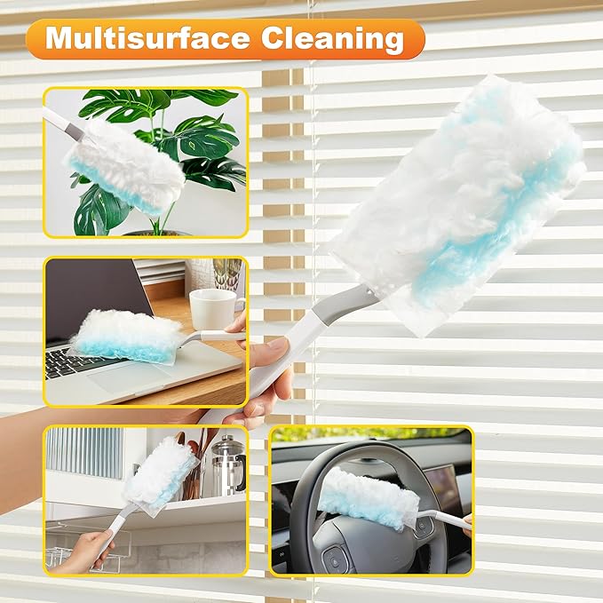 JOYMOOP Heavy Duty Dusters for Cleaning, 1 Gray White Handle with 24 Ct Blue Disposable Refills, Multi-Surface Dusting Brush for Furniture, Electronics and More