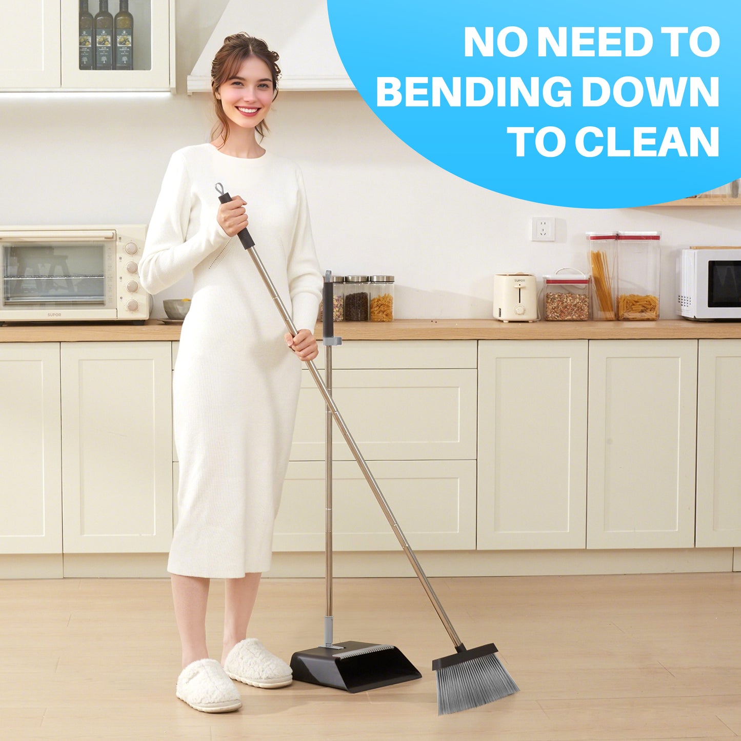 JOYMOOP Black Broom with Dustpan Combo Set, Upright Stand Up Broom with Built-in Comb Teeth, Angle Broom for Home Kitchen Office Lobby, Pet Hair and Hardwood Floor Sweeping