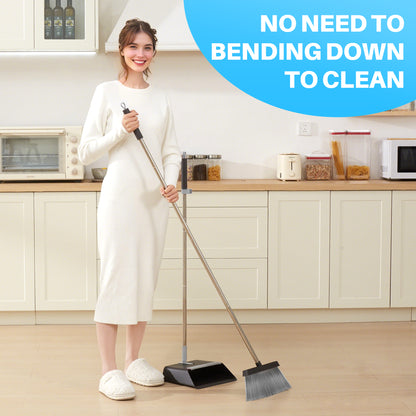 JOYMOOP Black Broom with Dustpan Combo Set, Upright Stand Up Broom with Built-in Comb Teeth, Angle Broom for Home Kitchen Office Lobby, Pet Hair and Hardwood Floor Sweeping