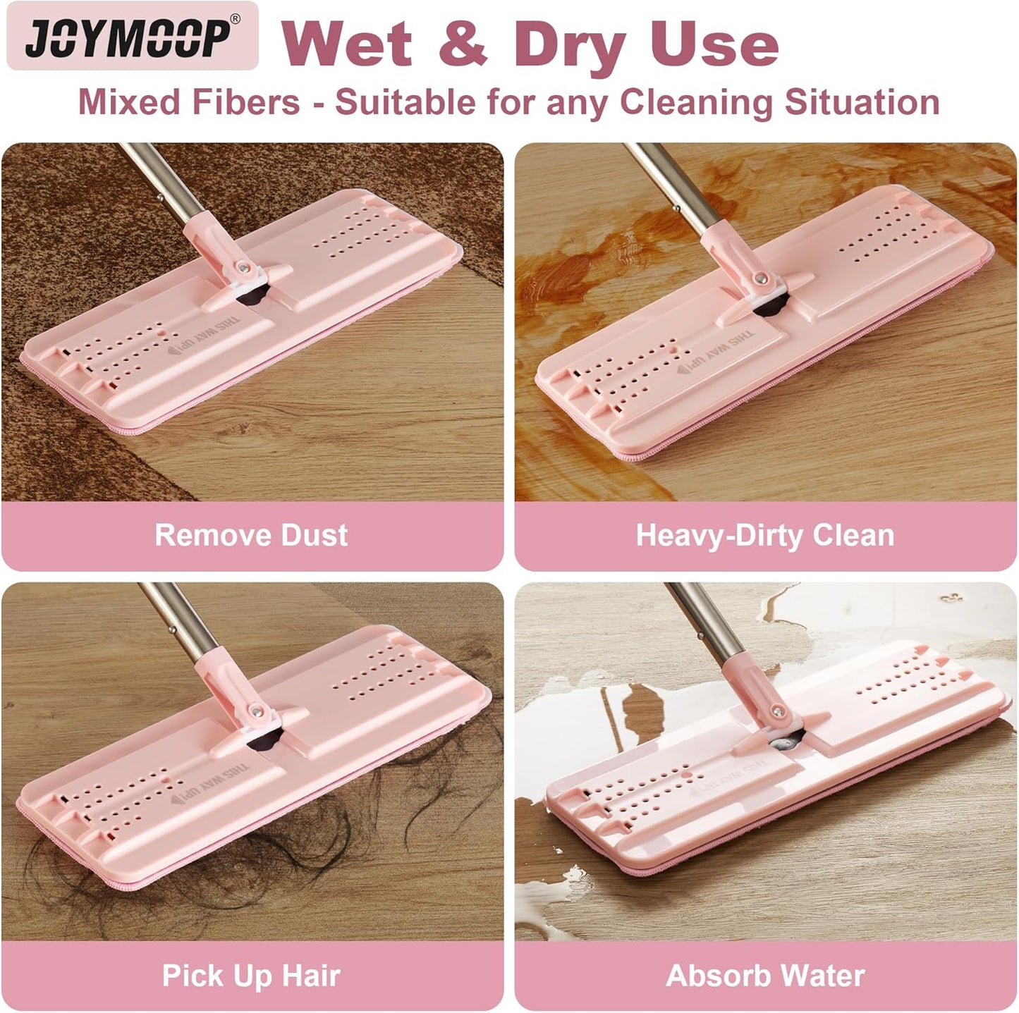 JOYMOOP Flat Mop, Microfiber Mops for Floor Cleaning and Wall Cleaner, 60" Long Handle with Flexible 13" Flat Head with a Microfiber Mop Pad - Pink