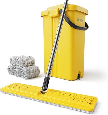 JOYMOOP Heavy Duty Commercial Mops for Floor Cleaning, Wet Dry Mop and Bucket Set with Large Capacity Yellow Bucket, Includes 5 Reusable 17-Inch Microfiber Pads
