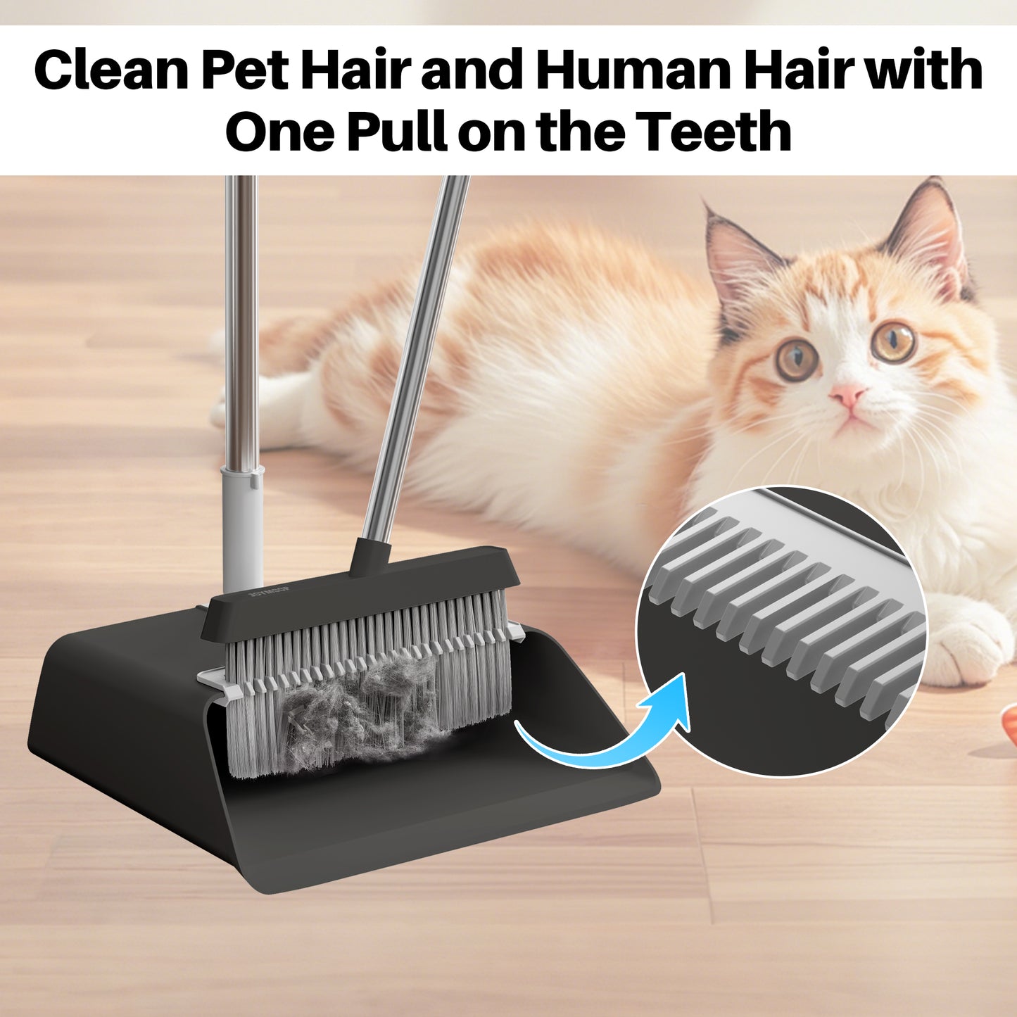 JOYMOOP Black Broom with Dustpan Combo Set, Upright Stand Up Broom with Built-in Comb Teeth, Angle Broom for Home Kitchen Office Lobby, Pet Hair and Hardwood Floor Sweeping