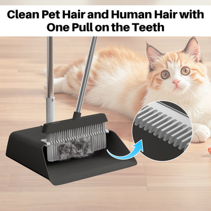 JOYMOOP Black Broom with Dustpan Combo Set, Upright Stand Up Broom with Built-in Comb Teeth, Angle Broom for Home Kitchen Office Lobby, Pet Hair and Hardwood Floor Sweeping
