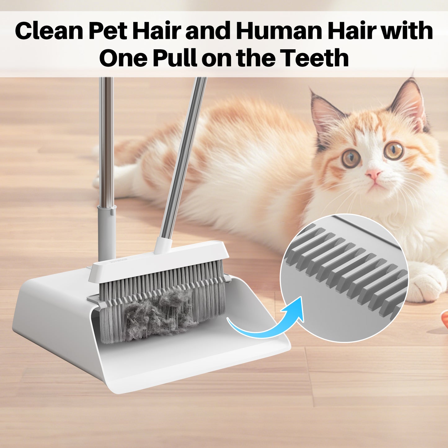 Roll over image to zoom in       3+ JOYMOOP White Broom with Dustpan Combo Set, Upright Stand Up Broom with Built-in Comb Teeth, Angle Broom for Home Kitchen Office Lobby, Pet Hair and Hardwood Floor Sweeping