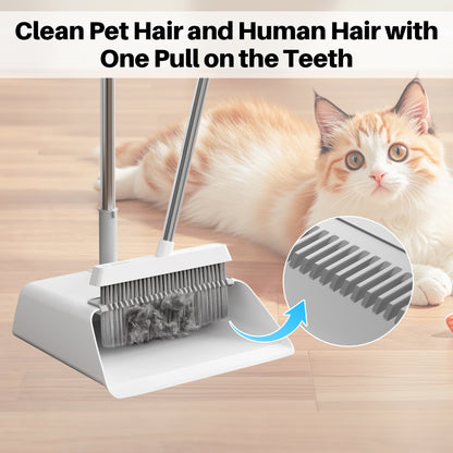 Roll over image to zoom in       3+ JOYMOOP White Broom with Dustpan Combo Set, Upright Stand Up Broom with Built-in Comb Teeth, Angle Broom for Home Kitchen Office Lobby, Pet Hair and Hardwood Floor Sweeping
