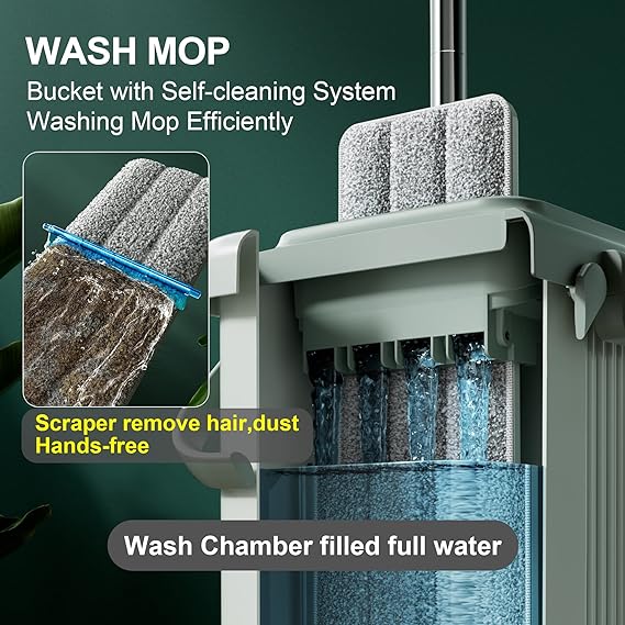JOYMOOP Flat Mop System, Microfiber Mop and Bucket Set, Green, Household & Commercial Floor Cleaning Mop, Includes 2 Mops and 8 Large Microfiber Pads