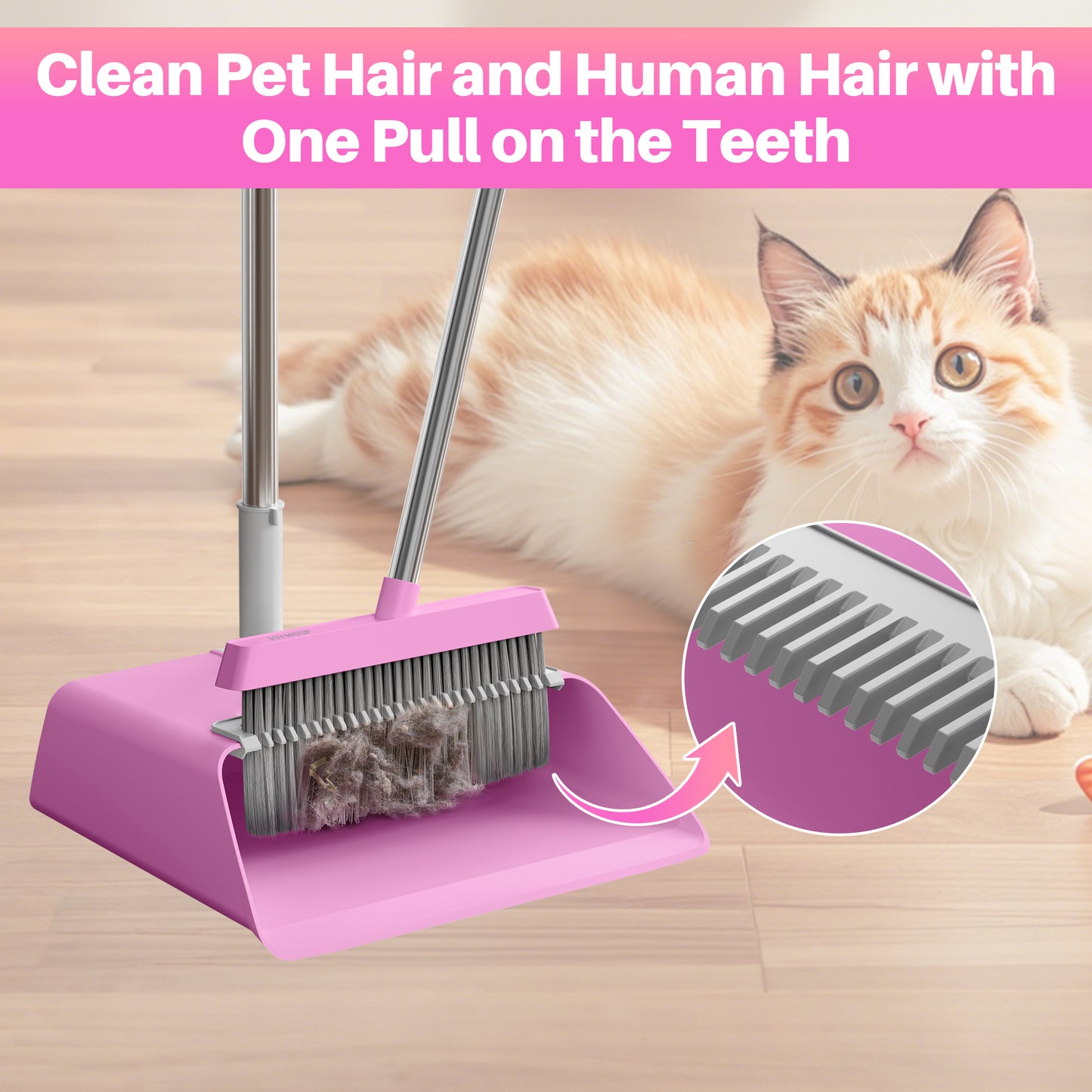 JOYMOOP Pink Broom and Dustpan Set with 56" Long Handle, Upright Stand Up Broom with Built-in Comb Teeth, Angle Broom for Home Kitchen Office Lobby, Pet Hair and Hardwood Floor Sweeping