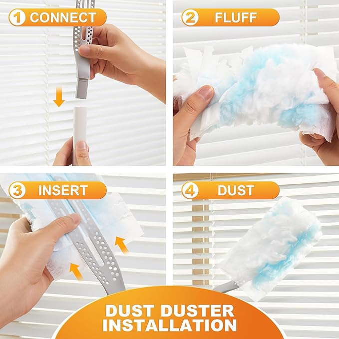 JOYMOOP Heavy Duty Dusters for Cleaning, 1 Gray White Handle with 24 Ct Blue Disposable Refills, Multi-Surface Dusting Brush for Furniture, Electronics and More