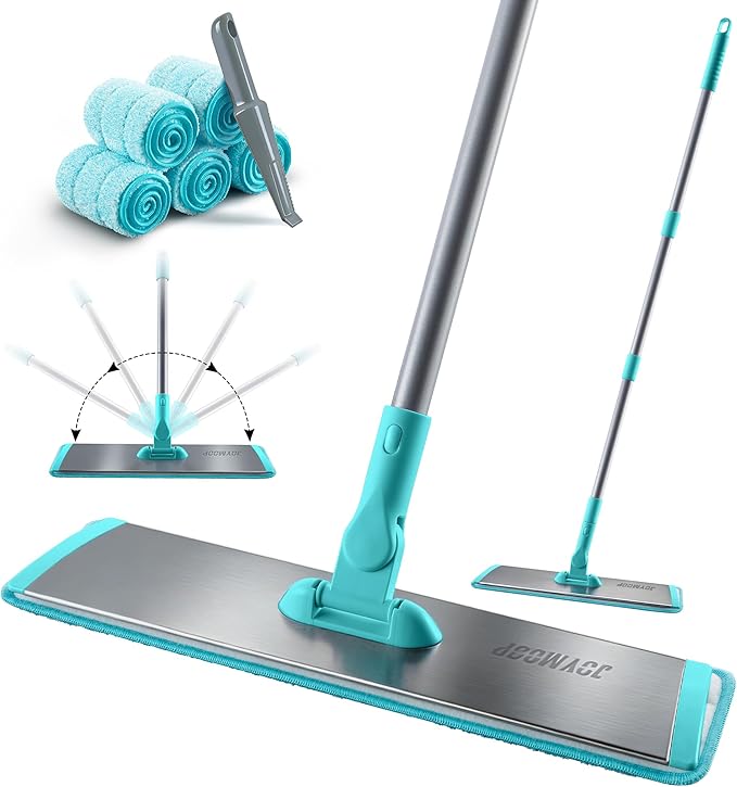 JOYMOOP 18 Inch Dust Mop for Hardwood Floors, Heavy Duty Industrial Wet Dry Mops with Telescopic Handle, Includes 5 Microfiber Mop Pads - Blue-Grey