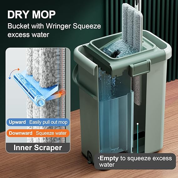 JOYMOOP Flat Mop System, Microfiber Mop and Bucket Set, Green, Household & Commercial Floor Cleaning Mop, Includes 2 Mops and 8 Large Microfiber Pads