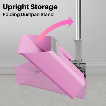 JOYMOOP Pink Broom and Dustpan Set with 56" Long Handle, Upright Stand Up Broom with Built-in Comb Teeth, Angle Broom for Home Kitchen Office Lobby, Pet Hair and Hardwood Floor Sweeping