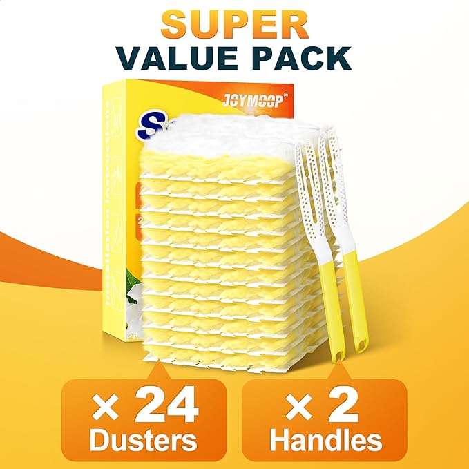 JOYMOOP Heavy Duty Dusters for Cleaning, 2 Yellow White Handles with 24 Ct Yellow Disposable Refills, Static Dusting Tool for Home, Office and Car Interior