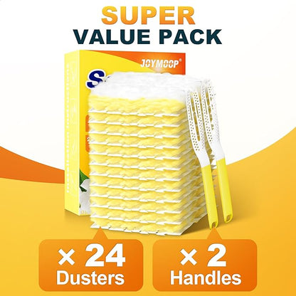 JOYMOOP Heavy Duty Dusters for Cleaning, 2 Yellow White Handles with 24 Ct Yellow Disposable Refills, Static Dusting Tool for Home, Office and Car Interior