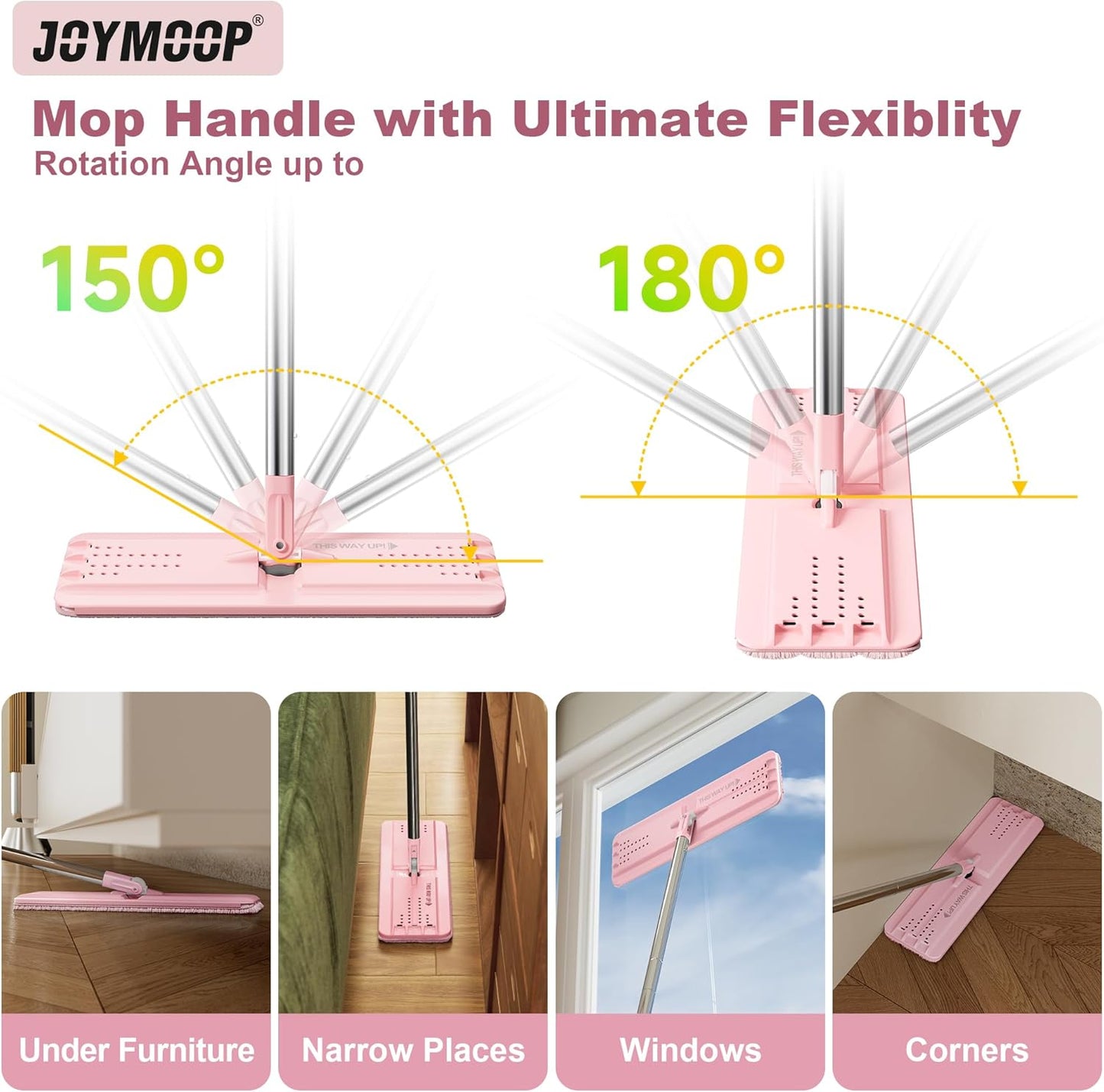 JOYMOOP Flat Mop, Microfiber Mops for Floor Cleaning and Wall Cleaner, 60" Long Handle with Flexible 13" Flat Head with a Microfiber Mop Pad - Pink