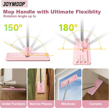 JOYMOOP Flat Mop, Microfiber Mops for Floor Cleaning and Wall Cleaner, 60" Long Handle with Flexible 13" Flat Head with a Microfiber Mop Pad - Pink