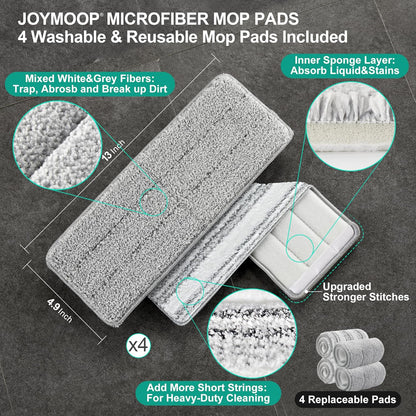 JOYMOOP Mop and Bucket with Wringer Set, Hands Free Flat Floor Mop and Bucket, 60" Mop with 4 Reusable Microfiber Pads, Wet and Dry Use, Floor Cleaning System