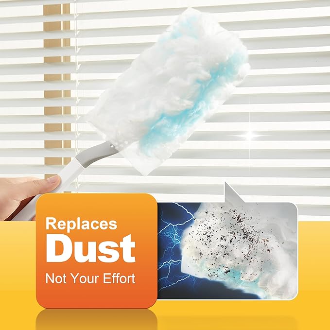 JOYMOOP Heavy Duty Dusters for Cleaning, 1 Gray White Handle with 24 Ct Blue Disposable Refills, Multi-Surface Dusting Brush for Furniture, Electronics and More